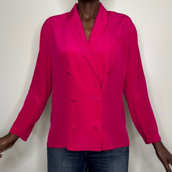 VINTAGE | 90s Fuschia Barbie Pink Pure Silk Double Breasted Shawl Collar Blouse - Picture 1 of 9